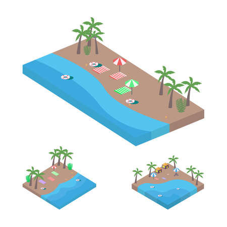 2.5D Sandy beach landscape vector illustration. Sandy beach collection vector with lifebuoy and coconut tree. Seashore 3D art with a lifebuoy and sunbathe.のイラスト素材