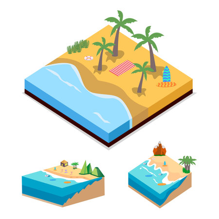 2.5D Sandy beach landscape vector design. Sandy beach collection with lifebuoy and surfboard. Seashore 3D art with lifebuoy and sunbathe.のイラスト素材