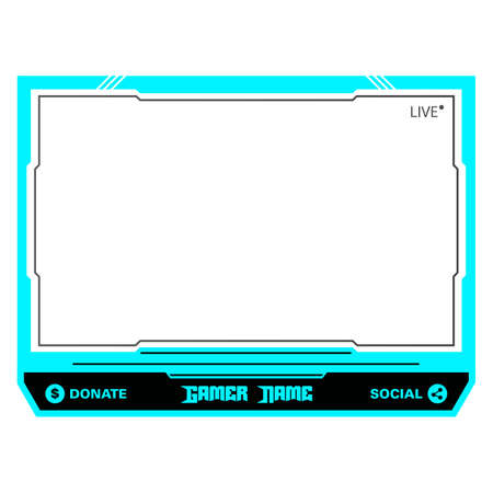Live game streaming overlay with dark black and light blue color shade. Stylish live streaming overlay frame. Screen overlay for live streamers.  Dark black color overlay frame with donation buttons.のイラスト素材