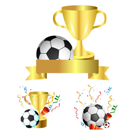 Golden winning trophy vector collection with a football for soccer match celebration. Golden color trophy collection for winning team celebration.のイラスト素材