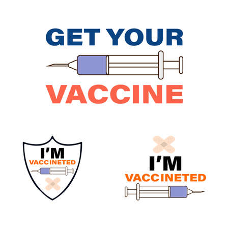 Vaccination campaign design collection. Vaccine syringe with bandage. Vaccinated confirmation design with syringe and shield shape vector.のイラスト素材