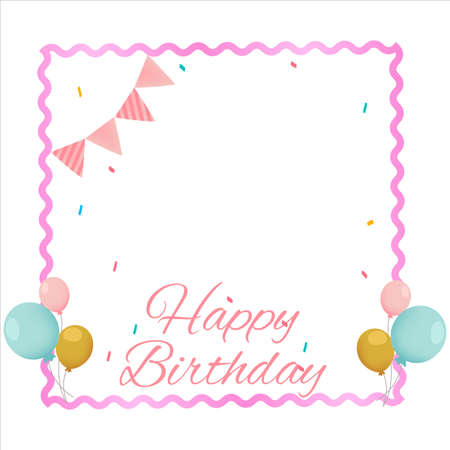 Happy Birthday Pink frame, Happiness, Happy Birthday Text Effect, Birthday Vector Illustration on White Background, Party Frame, Pink Shade, Party Elements, Balloons, Party Banner, Birthday Banner.のイラスト素材