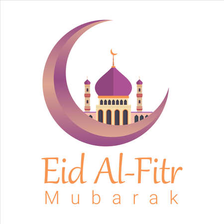 Eid Al-Fitr Mubarak with golden text effect, Holy festival of muslim, muslim mosque, Multicolor shade, purple, vector illustration of mosque, Eid Mubarak wish.のイラスト素材