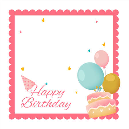 Happy Birthday Pink frame, Happiness, Happy Birthday Text Effect, Birthday Vector Illustration on White Background, Party Frame, Birthday Gifts, Party Elements, Birthday Cakes, Banner, Party Cap.のイラスト素材