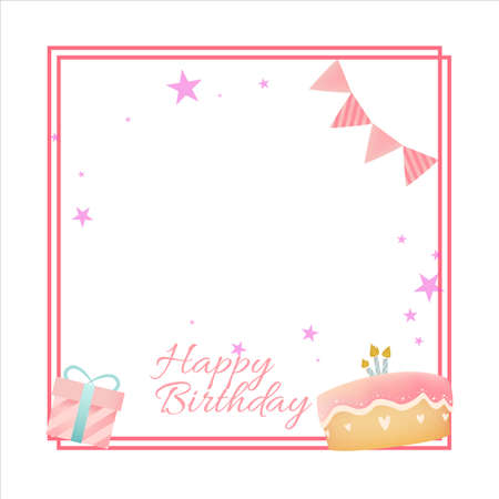 Happy Birthday Pink frame, Happiness, Happy Birthday Text Effect, Birthday Vector Illustration on White Background, Party Frame, Birthday Gifts, Party Elements, Birthday Cakes, Banner.のイラスト素材