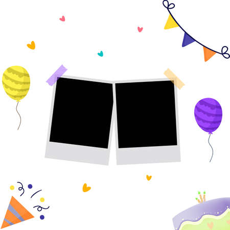 Happy Birthday Photo frame vector illustration on white background, Happy Birthday celebration, Simple Party Elements, Photo Frame, Party Balloons, Banner, Cakes.のイラスト素材