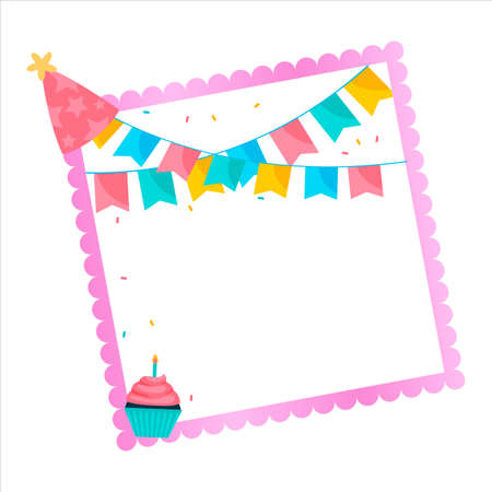Birthday Elements, Happiness, Happy Birthday Vector Illustration on White Background, Party Frame, Birthday Cakes, Party Elements, Party Banner, Birthday Cap, Banner.のイラスト素材