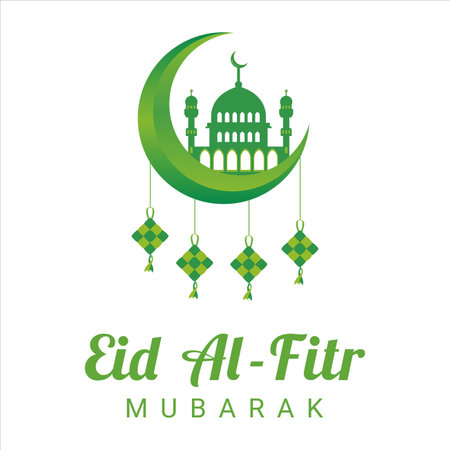 Beautiful Eid Al-Fitr Mubarak Green text effect on White background, Muslim Festival Eid Al-Fitr beautiful Text effect, Eid Al-Fitr, Green,  Elements, Muslim Green Mosque, Moon, kites.のイラスト素材