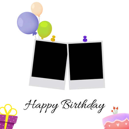 Happy Birthday Photo frame vector illustration on white background, Happy Birthday celebration, Simple Party Elements, Photo Frame, Party Balloons, Cakes, Gifts, Happy Birthday Text Effect.のイラスト素材