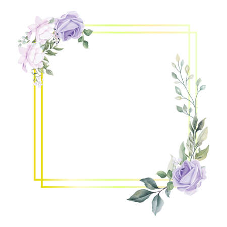 Beautiful golden Square Wedding Photo frame vector illustration, golden photo frame, Wedding flowers, Romantic, Love, blue roses, green leaves, rose, leaf, blue flowerのイラスト素材