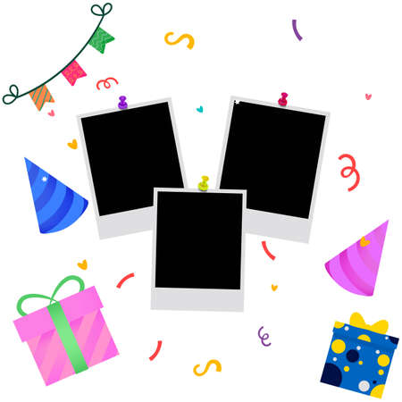 Happy Birthday Photo frame vector illustration, Happy Birthday celebration, Party Elements, Photo Frame, Party cap, gifts.のイラスト素材