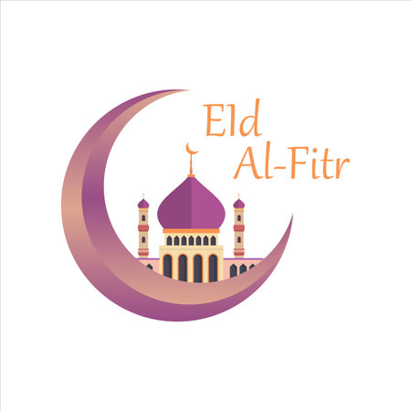 Beautiful Eid Al-Fitr Mubarak with golden text effect, Holy festival of muslim, muslim mosque, Multicolor shade, purple, vector illustration of mosque, Eid Mubarak wish, purple Moon.のイラスト素材