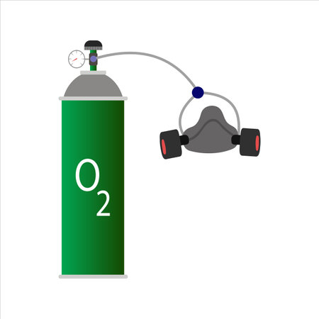 Green Oxygen cylinder vector illustration with a gas mask on white background, coronavirus pandemic gas mask, black oxygen mask for human.のイラスト素材