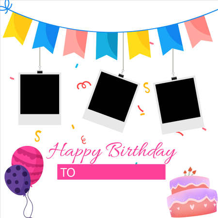 Happy Birthday Photo frame vector illustration, Happy birthday Wish, Happy Birthday Elements, Party Elements, Photo Frame, Multicolor Balloons, Party Banner, Cakes.のイラスト素材