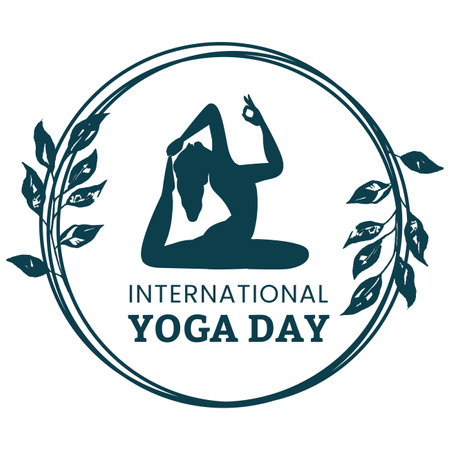 Stylish yoga day vector illustration with green text effect in round shape, dark blue, woman doing yoga, lady, woman, yoga position, international yoga day special, text effect, leaves.のイラスト素材