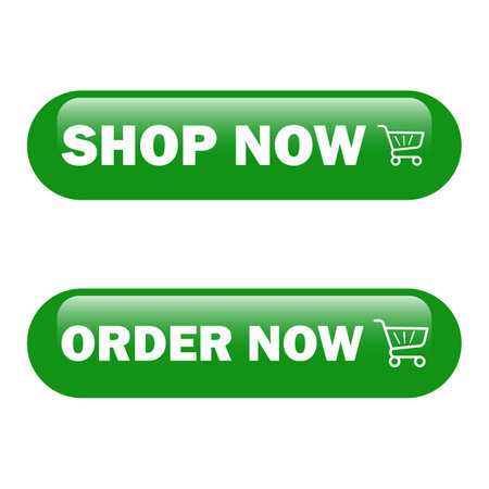 Green color Shop now and order now button for business websites vector illustration on a white background, multicolored stylish shop now and order now button for website purpose.のイラスト素材