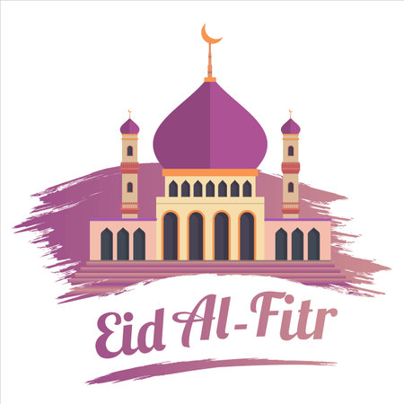 Stylish Eid Al-Fitr Mubarak with golden text effect, Holy festival of muslim, muslim mosque inside brush stroke, Multicolor shade, purple, vector illustration of mosque, Brush stroke.のイラスト素材