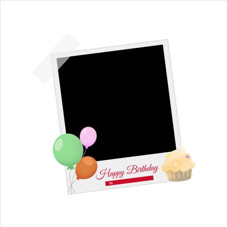 Happy Birthday Photo frame, Balloons, Cupcakes, birthday Wish, Happy Birthday Party Elements, Party Elements, Photo Frame.のイラスト素材