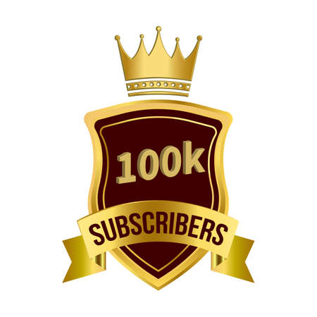 Royale 100k subscriber badge with golden color ribbon and golden king crown on white background, Dark and golden color shade with ribbon and king crown, 100k subscriber special golden badge.のイラスト素材