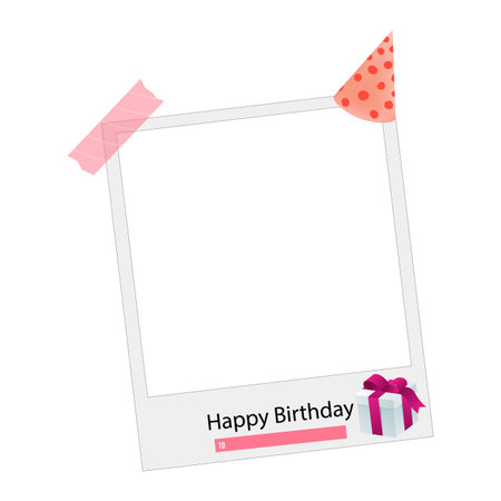 Happy Birthday Photo frame vector illustration on white background, Happy Birthday celebration, Simple Party Elements, Photo Frame, Party Banner, Cupcake, Gifts, Birthday Cake.のイラスト素材