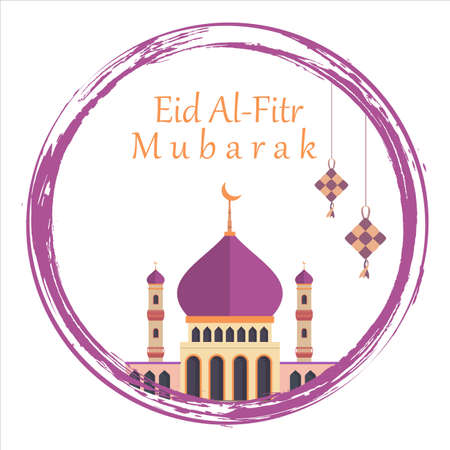 Stylish Eid Al-Fitr Mubarak with golden text effect inside round brush, Holy festival of muslim, muslim mosque, Multicolor shade, purple, vector illustration of mosque, Brush stroke.のイラスト素材