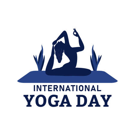 Stylish yoga day vector illustration, dark blue, yoga position, international yoga day special, Lady, Woman, woman doing yoga, 21 June, Flower Vase, Flower.のイラスト素材