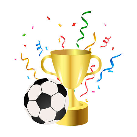 Soccer ball and cup isolated on white background. Football concept. 2022 football concept design with a football and winner cup on a white background.のイラスト素材