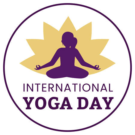 Happy yoga day vector illustration with purple text effect in round shape, dark blue, woman doing yoga, lady, woman, yoga position, international yoga day special, text effect. golden lotus.のイラスト素材