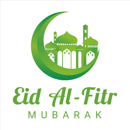 Eid Al-Fitr Mubarak green text effect on white background, Muslim Festival Eid Al-Fitr beautiful Text effect, Muslim Mosque, Eid Al-Fitr, Green, White, Moon.のイラスト素材