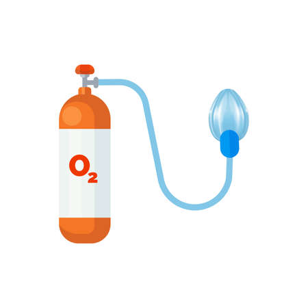 green color Oxygen tank medical equipment with face mask vector illustration, oxygen tank, cylinder, oxygen, O2, Medical equipment, Hospital, doctor, chemical, mask.のイラスト素材