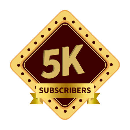 luxury 5k subscriber celebration badge with golden color ribbon on  white background, Dark and golden color shade with king ribbon, 5k subscriber special golden badge.のイラスト素材