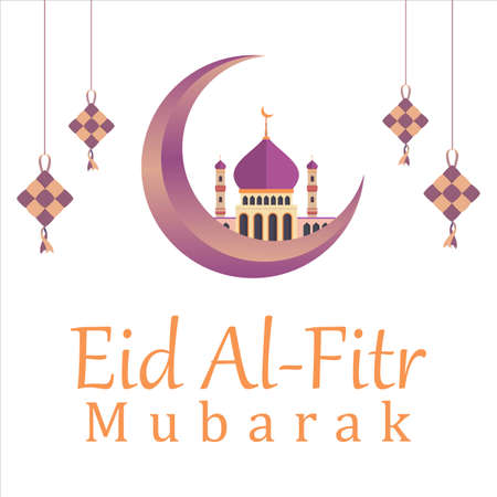 Eid Al-Fitr Mubarak with golden text effect, Holy festival of muslim, muslim mosque, Multicolor shade, purple, vector illustration of mosque, Kites hanging, moon.のイラスト素材