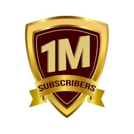 Luxurious 1M Subscribers celebration badge with golden gradient ribbon and dark color shade vector illustration on a white background, 1 million subscriber celebration with golden subscriber badge.のイラスト素材