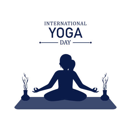 Beautiful yoga day vector illustration with multicolor text effect, dark blue, yoga position, international yoga day special, Lady, Woman, woman doing yoga, June 21, flower vase.のイラスト素材