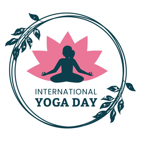 Stylish yoga day vector illustration with blue text effect in round shape, dark blue, yoga position, international yoga day special, text effect, leaves, pink lotus, woman doing yoga.のイラスト素材