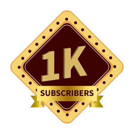 luxury 1k subscriber celebration badge with golden color ribbon on  white background, Dark and golden color shade with king crown and ribbon, 1k subscriber special golden badge.のイラスト素材