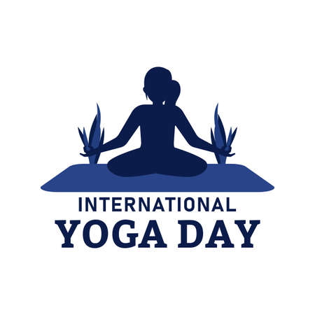 Beautiful yoga day vector illustration with blue text effect, dark blue, yoga position, international yoga day special, Lady, Woman, woman doing yoga, 21 June, flower vase, flower.のイラスト素材