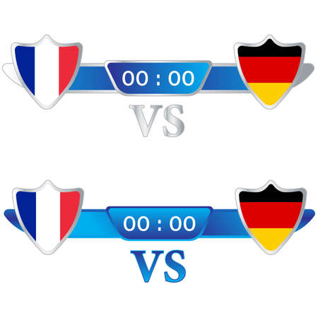 Football match scoreboard with shield shapes and blue color lower thirds template for sports like soccer and football. France VS Germany vector illustration scoreboard broadcast lower thirds template.のイラスト素材