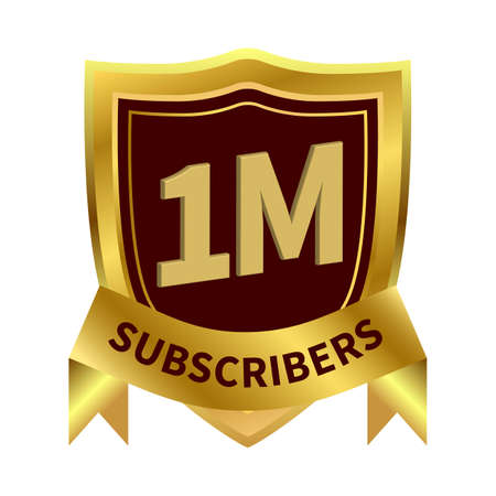 1 million subscriber celebration badges with golden color ribbon and golden royale shield on white background, Dark and golden color shade with ribbon, 1 million subscribers special golden badge.のイラスト素材
