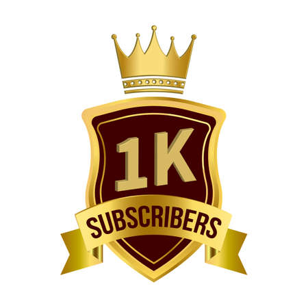 Special 1K subscriber celebration badge with golden color king crown and ribbon, Dark and golden color shade with king crown and ribbon, 1K subscriber special golden badge.のイラスト素材