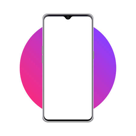 Digital mobile phone mockup vector illustration with white screen on colorful round shape background, Mobile phone vector with white screen for advertisement purpose, Mobile Phone advertisement mockupのイラスト素材