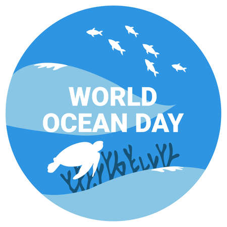 World ocean day vector illustration with text effect inside round shape and sea creature, blue, ocean, sea, turtle, fish, coral, text effect.のイラスト素材