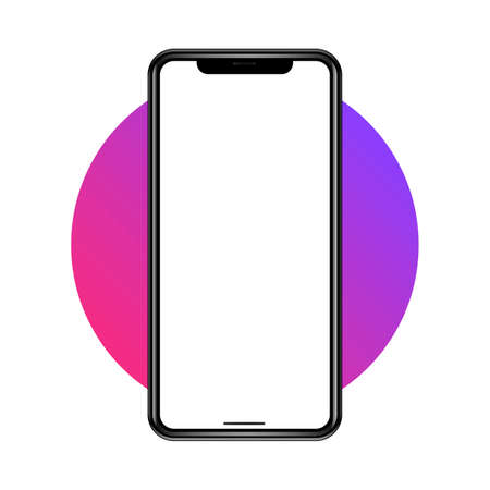 Digital mobile phone mockup vector illustration with white screen on colorful round shape background, Mobile phone vector with white screen for advertisement purpose, Mobile Phone advertisement mockupのイラスト素材