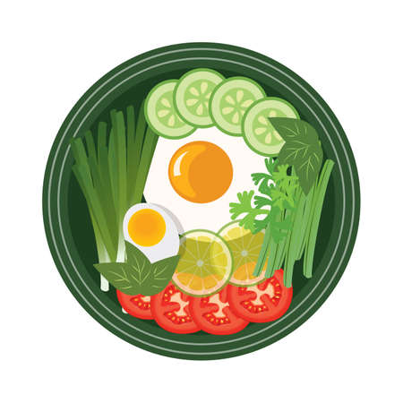 Vegetable vector design with poached egg, vegetable salad with boiled egg and tomato, vegetable salad vector with lemon and cucumber.のイラスト素材