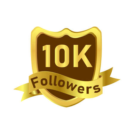 10K follower celebration golden badge with ribbon. Thanksgiving for 10K followers vector illustration. Luxurious golden color 10K follower badge celebration with a shield shape.の写真素材