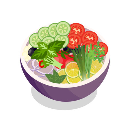 Vegetable vector design with basil leaf, vegetable salad with olive and tomato, vegetable salad vector with lemon and cucumber.のイラスト素材