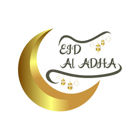 Happy Eid Al Adha Muslim festival celebration. Eid Al Adha calligraphy design with golden arabesque decorations, golden moon vector.のイラスト素材