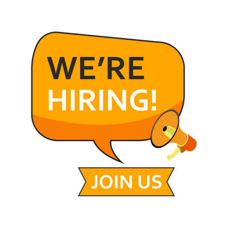 We are hiring vector with black and white font design on white background inside mike speaker and design. Business recruiting concept with yellow color. design for the hiring concept.のイラスト素材