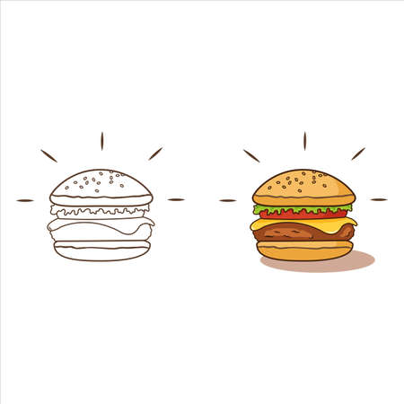 Burger coloring book vector design. Coloring book for kids. Drawing book page illustrations for kids. Burger coloring book illustration design. Delicious Burger vector design for color books.の写真素材