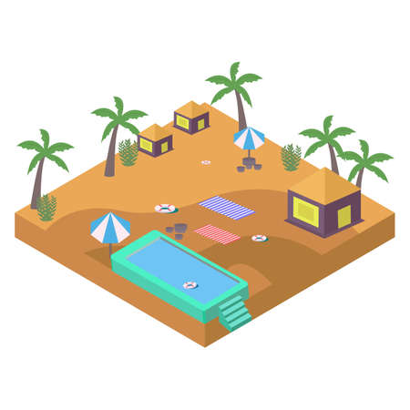 2.5D swimming pool vector design with the resort concept, swimming pool vector with 2.5D shaped, Swimming pool with a coconut tree in summertime.のイラスト素材
